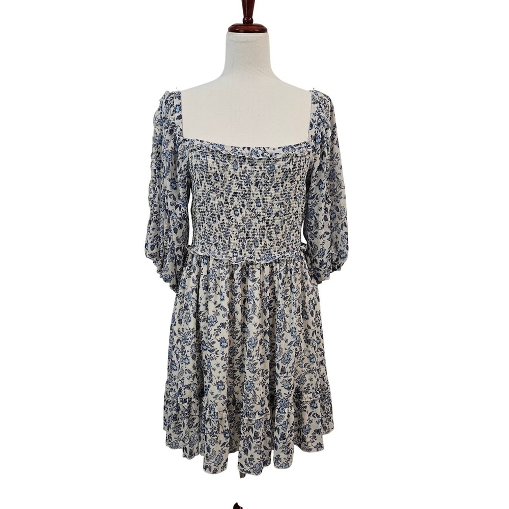 Super Natural Puff Sleeve Mini Dress L Blue Floral Smocked Peasant Cottage - Picture 2 of 15